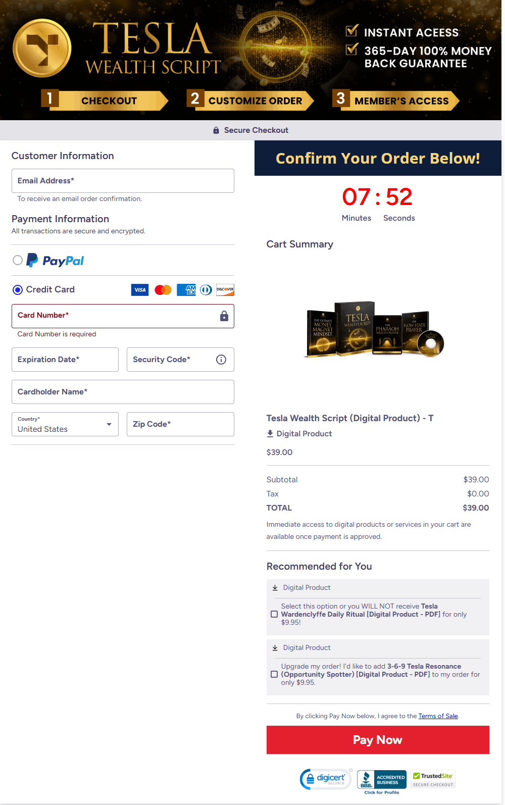 Tesla Wealth Script Secure Checkout Page